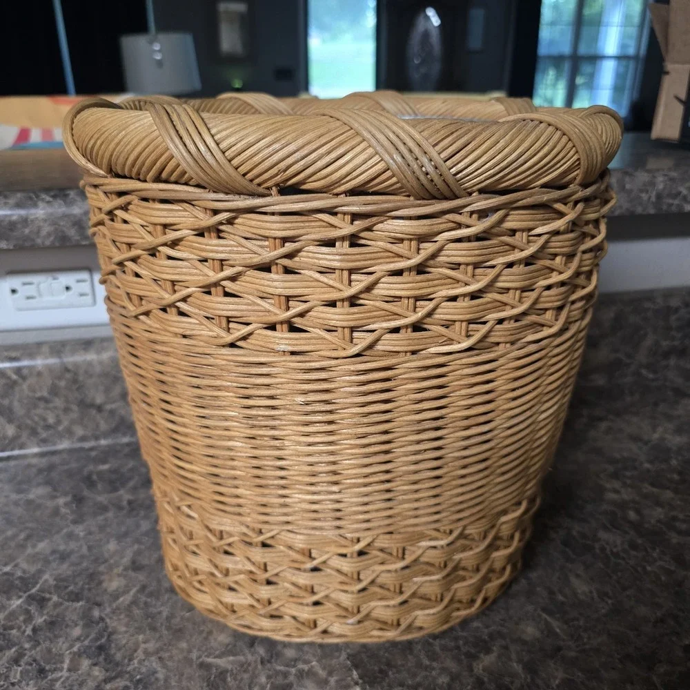 Rattan Wicker Wastebasket planter Metal Liner Braided Rim Boho Natural Brown
